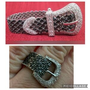 Bundle of 2 Vintage black & white CZ silver belt adjustable bracelet, and ring